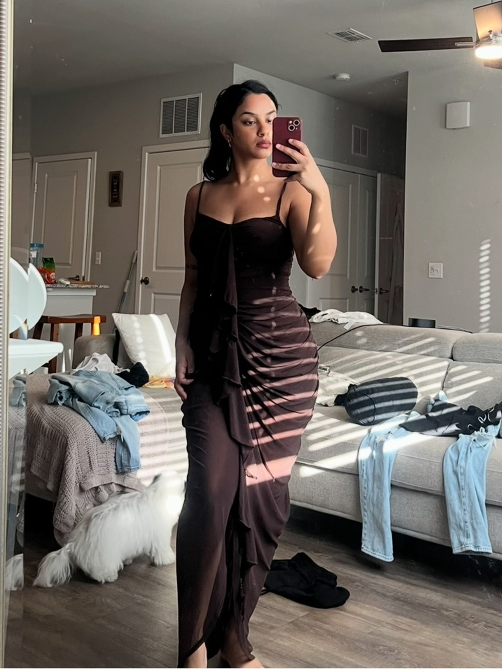 Brown Ruched Evening Dress